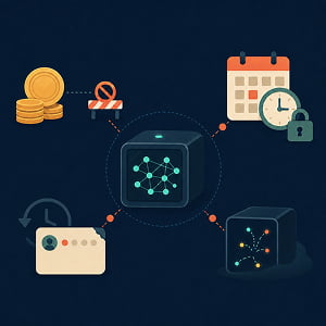 Illustration of a sealed AI black box surrounded by blocked payment, locked timing, persistent history, and unpredictable output symbols.