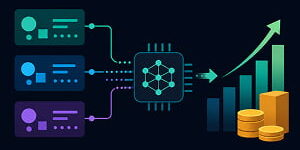 Illustration of an AI-powered customer data signals flowing into a predictive analytics chip, producing an upward growth chart and revenue icons on a dark background.