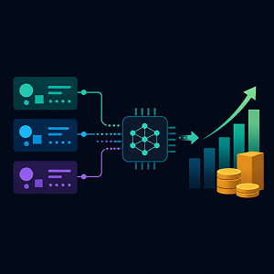 Illustration of an AI-powered customer data signals flowing into a predictive analytics chip, producing an upward growth chart and revenue icons on a dark background.