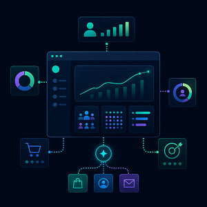Illustration of a central marketing analytics dashboard connected to e-commerce, audience, and automation tool icons, showing built-in predictive CLV insights and growth charts.