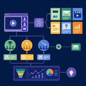Illustration of AI turning a webinar into multiple content formats, segmented follow-up emails, and performance insights.