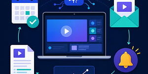 Illustration of an AI-powered webinar workflow shown as a laptop surrounded by planning, email promotion, reminders, analytics, and content repurposing icons.