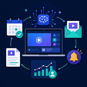 Illustration of an AI-powered webinar workflow shown as a laptop surrounded by planning, email promotion, reminders, analytics, and content repurposing icons.