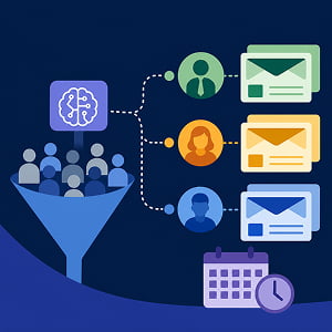 Illustration wherein AI sorts a webinar audience into segments and sends each group a personalized email on a scheduled timeline.